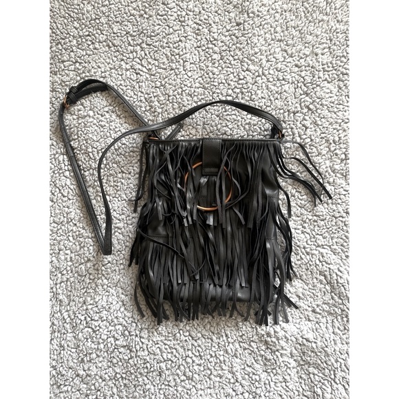 Forever 21 Handbags - Forever 21 Black Faux Leather Fringe & Brass Crossbody Bag.